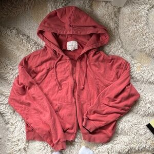 American Eagle Red Cropped Drop Shoulder Zip Up